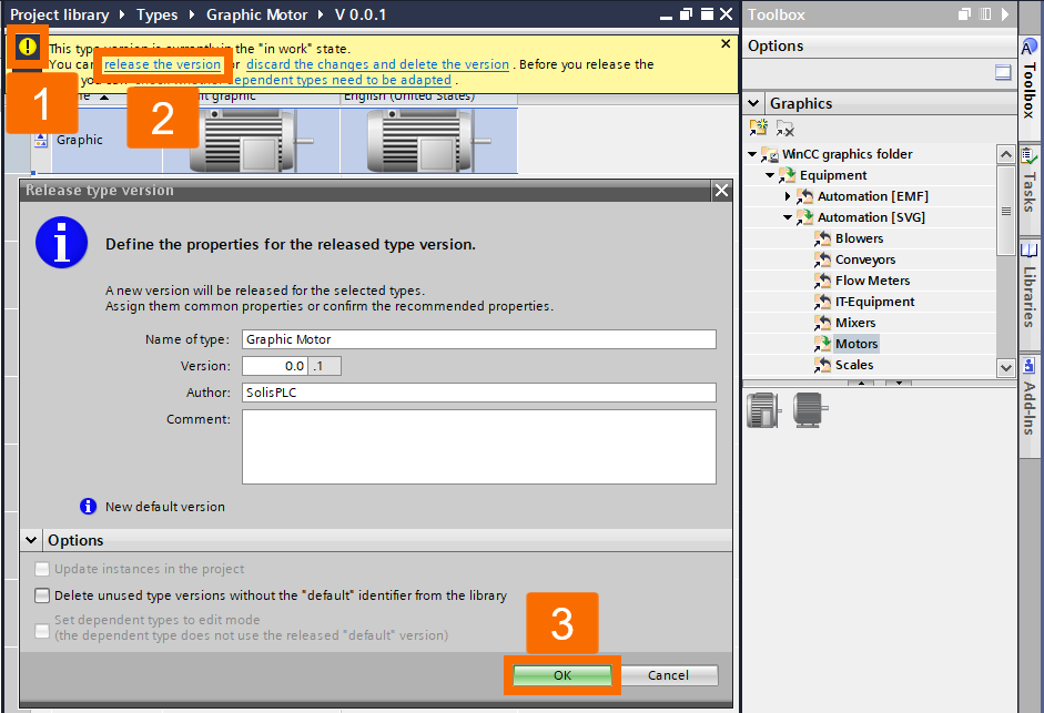 Figure 1.4: Building WinCC Unified Faceplate - Releasing the Graphic Version