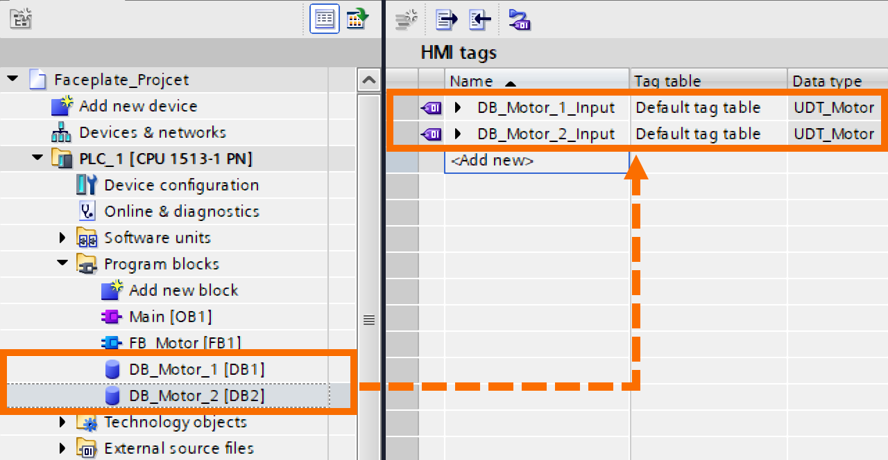 Figure 2.7: Building WinCC Unified Faceplate - Linking PLC Data Blocks to the HMI