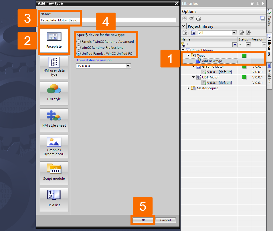 Figure 3.2: Building WinCC Unified Faceplate - Adding a New Faceplate to the Library