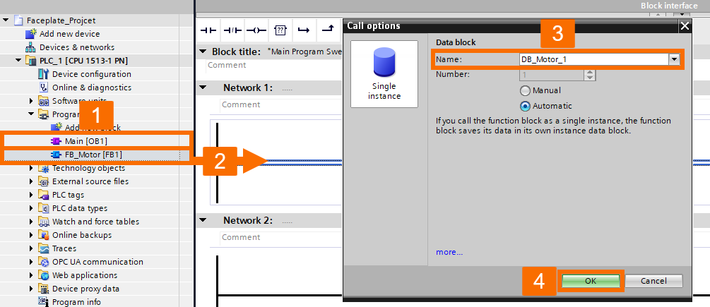 Figure 2.4: Building WinCC Unified Faceplate - FB Call & DB Assignment