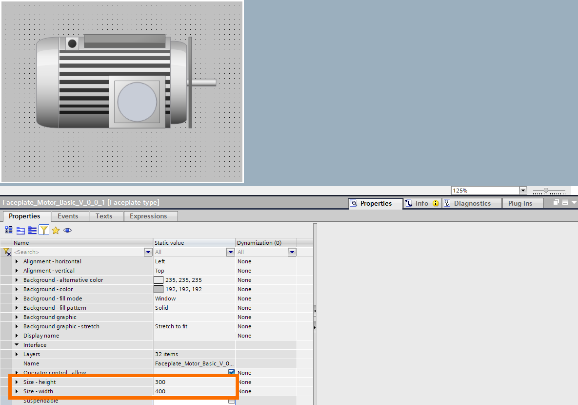 Figure 4.5: Building WinCC Unified Faceplate - Adjusting Workspace Dimensions