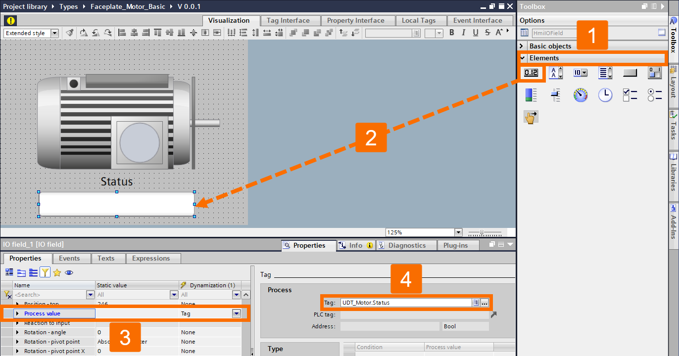 Figure 4.7: Building WinCC Unified Faceplate - Adding the Status IO Field