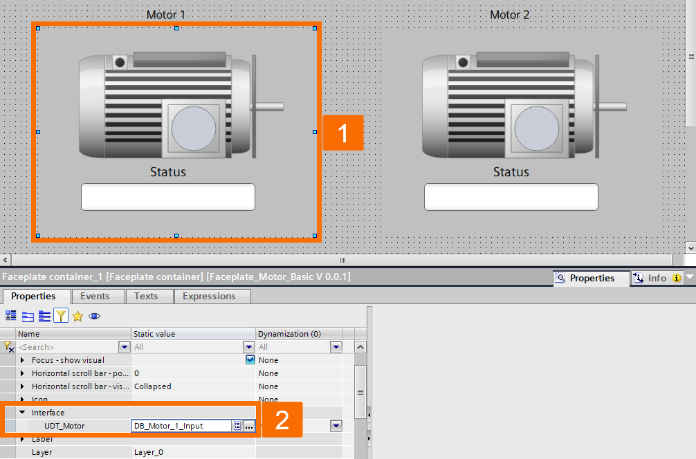 Figure 4.11: Building WinCC Unified Faceplate - Assigning the Data Block to the Motor 1 Instance