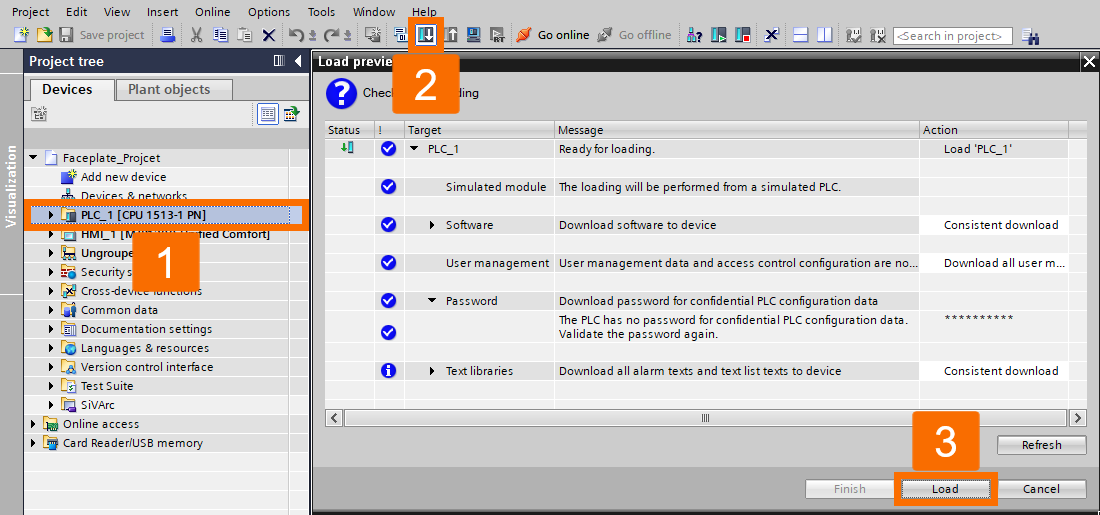Figure 4.13: Building WinCC Unified Faceplate - Downloading the Program to the PLC