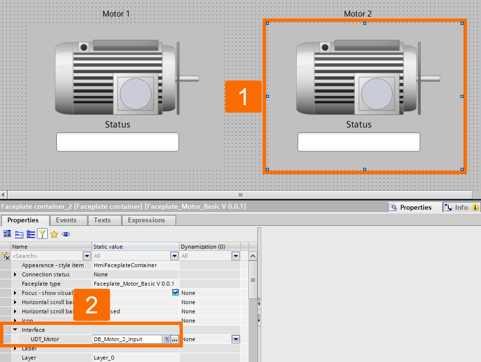 Figure 4.12: Building WinCC Unified Faceplate - Assigning the Data Block to the Motor 2 Instance