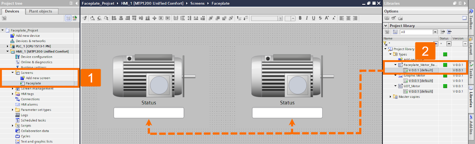 Figure 4.9: Building WinCC Unified Faceplate - Dragging Faceplate Instances to the Canvas