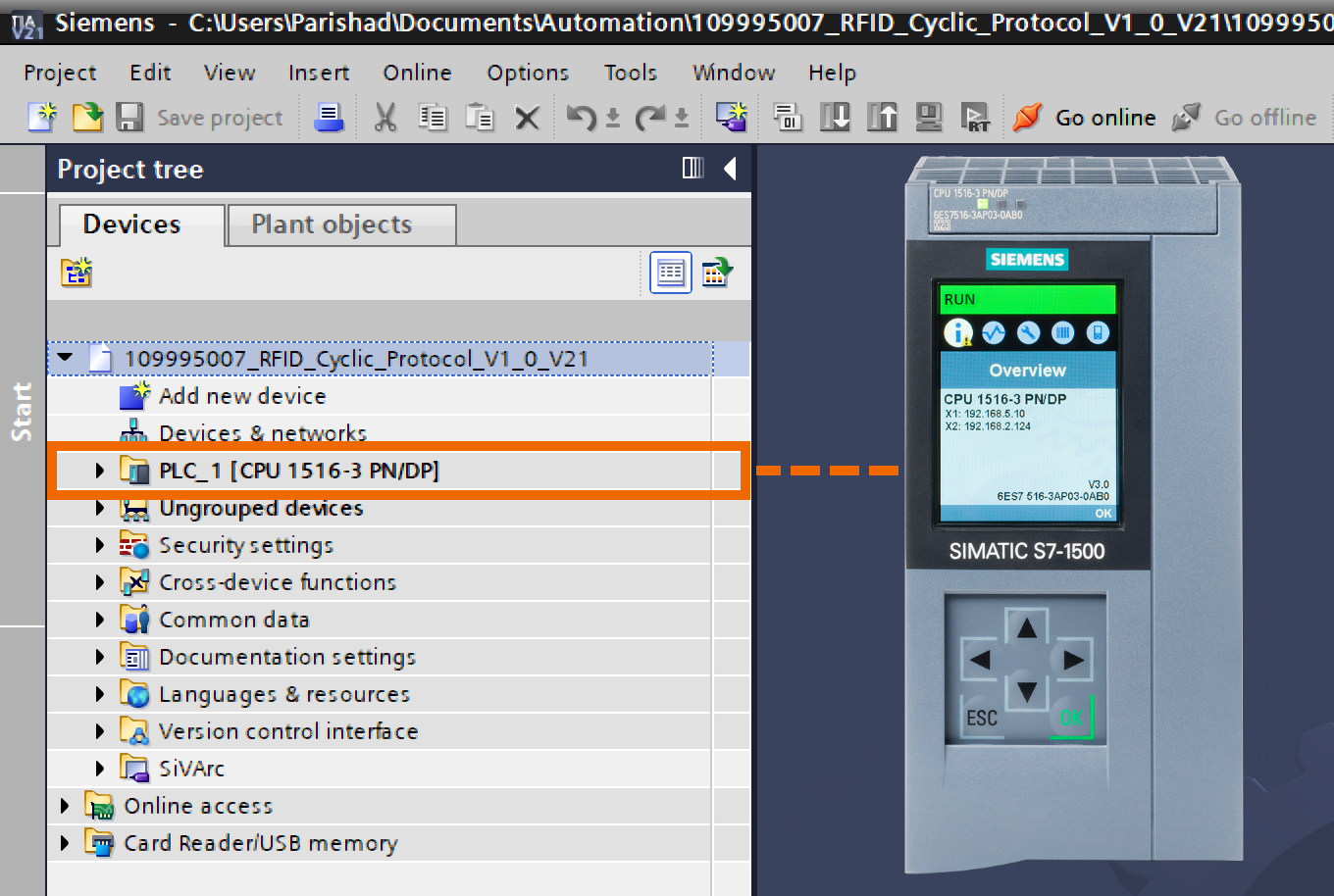 Figure 2.1: RFID Read/Write in Siemens TIA Portal - CPU selection