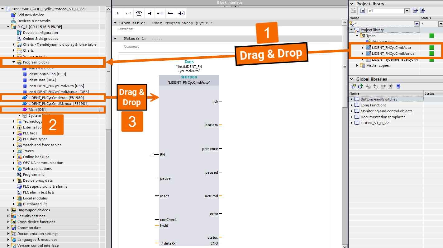 Figure 5.1: RFID Read/Write in Siemens TIA Portal - Dragging the library block to program blocks