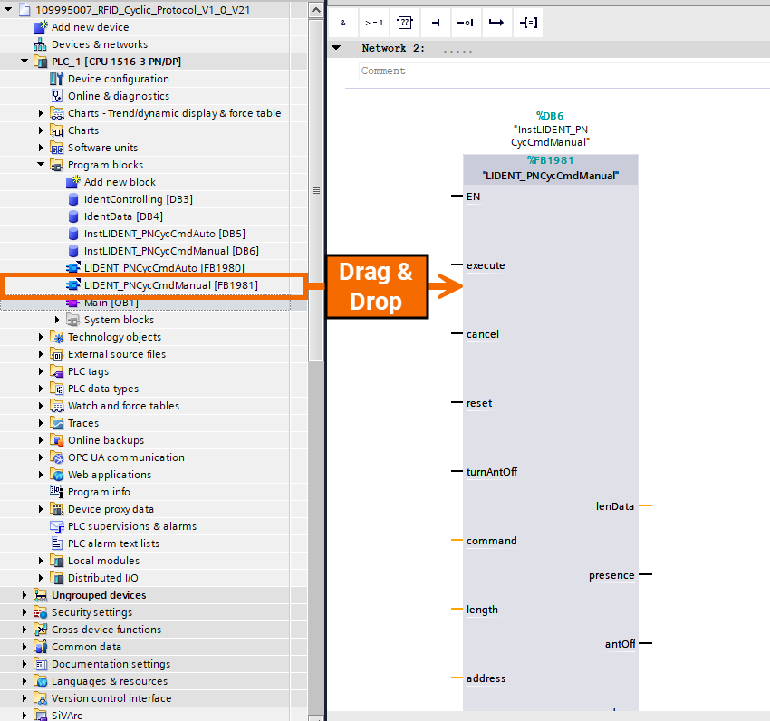 Figure 5.2: RFID Read/Write in Siemens TIA Portal - Instantiating function blocks in OB1