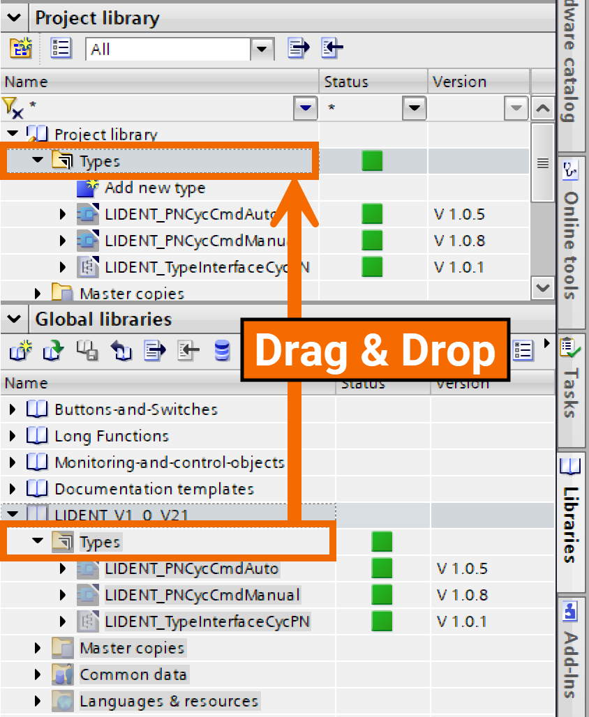Figure 3.2: RFID Read/Write in Siemens TIA Portal - Copying LIDENT types to project library