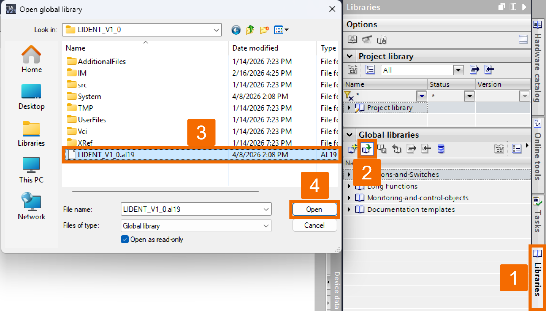 Figure 3.1: RFID Read/Write in Siemens TIA Portal - Opening the LIDENT global library
