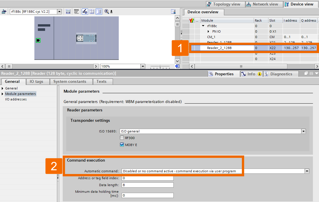 Figure 4.2: RFID Read/Write in Siemens TIA Portal - Selecting the manual reader variant