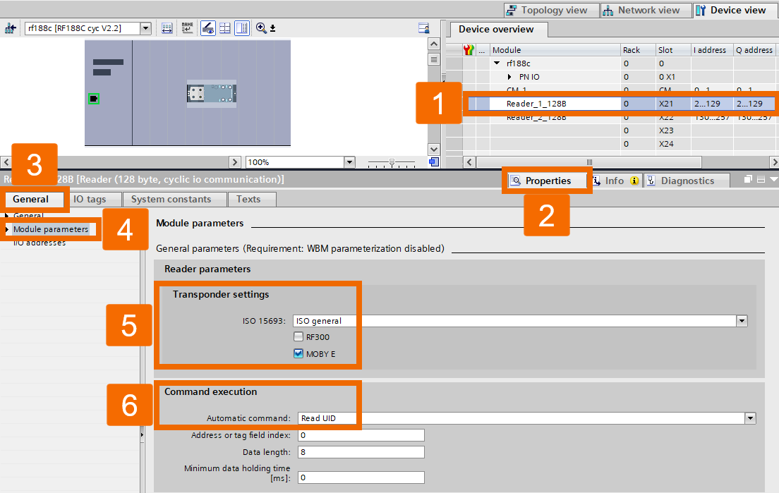 Figure 4.1: RFID Read/Write in Siemens TIA Portal - Setting the transponder configuration