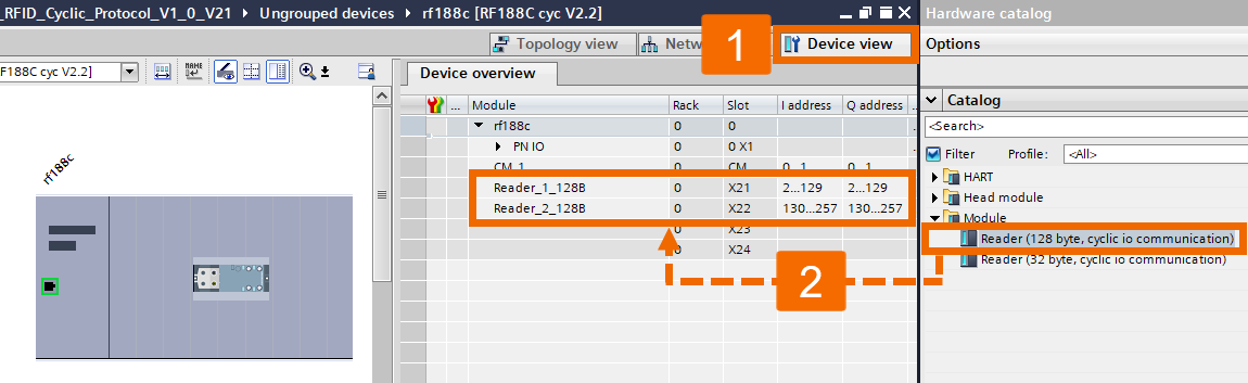 Figure 2.3: RFID Read/Write in Siemens TIA Portal - Assigning readers to slots X21 & X22