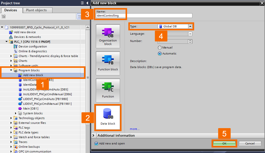 Figure 6.1: RFID Read/Write in Siemens TIA Portal - Creating the IdentControlling data block