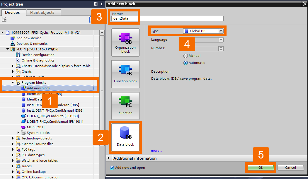 Figure 6.2: RFID Read/Write in Siemens TIA Portal - Creating the IdentData data block