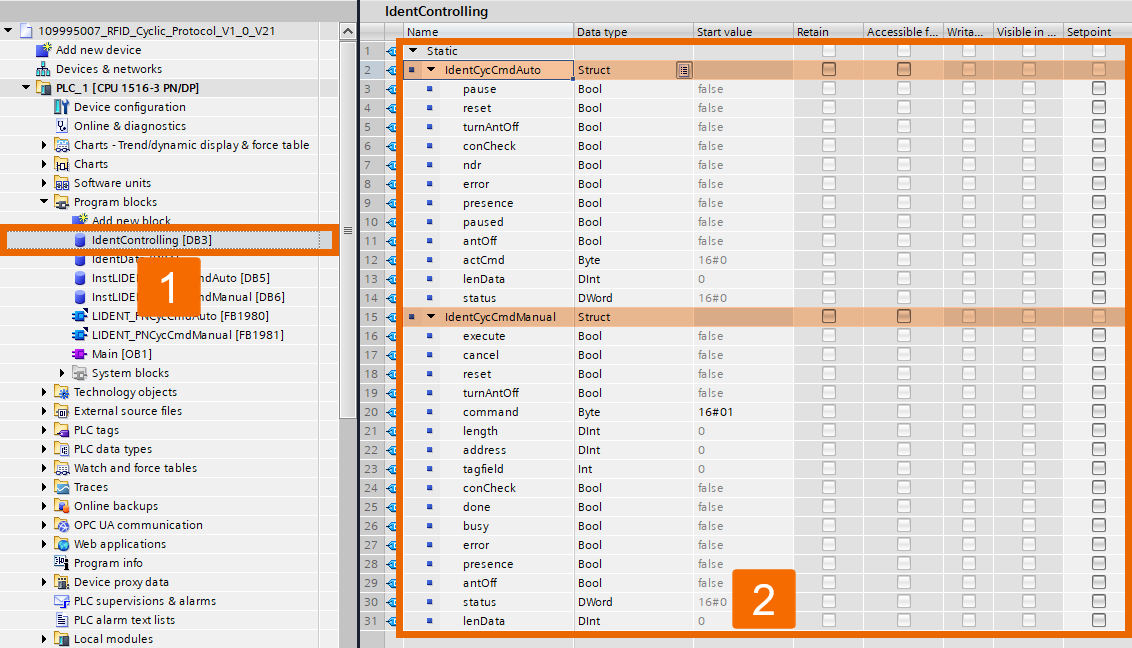 Figure 6.3: RFID Read/Write in Siemens TIA Portal - Adding struct variables to IdentControlling