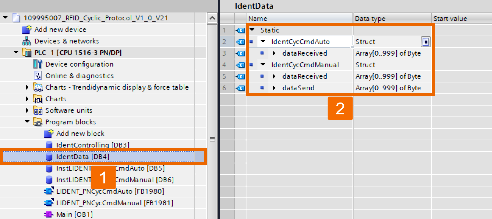 Figure 6.4: RFID Read/Write in Siemens TIA Portal - Creating struct variables in IdentData