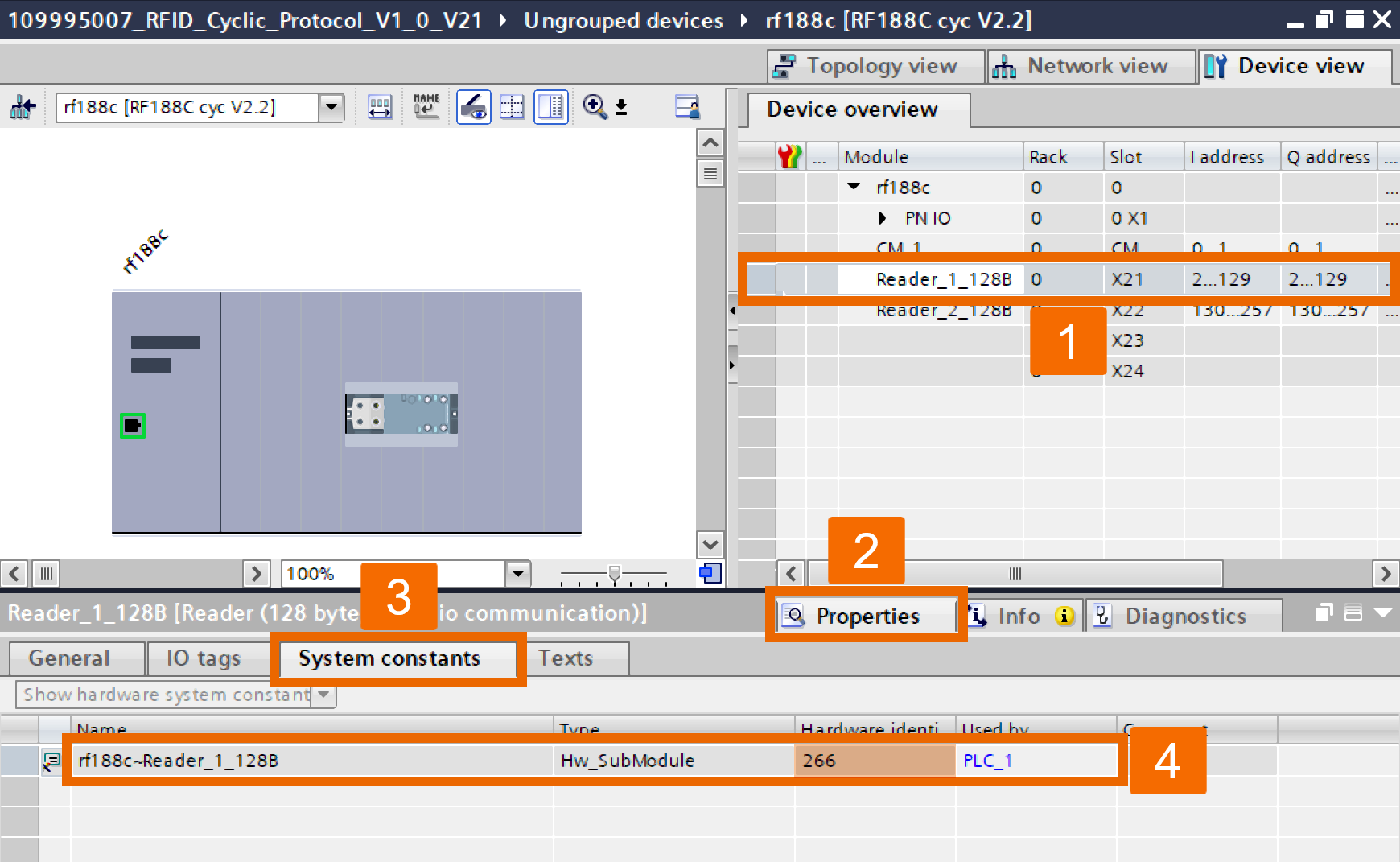 Figure 7.1: RFID Read/Write in Siemens TIA Portal - Recording the reader 1 hardware ID