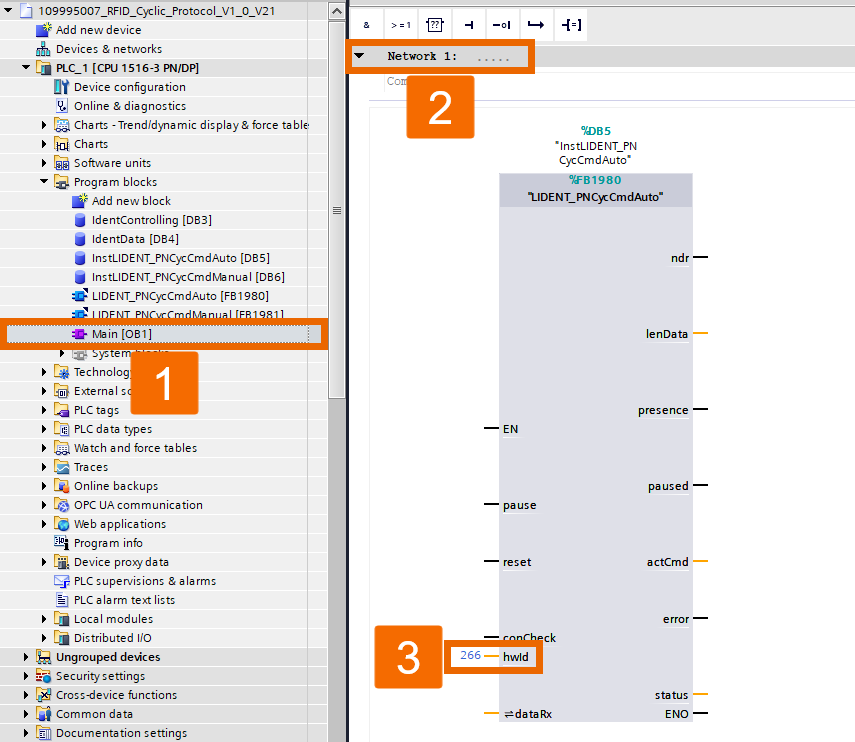 Figure 7.2: RFID Read/Write in Siemens TIA Portal - Entering the hardware ID at the auto FB