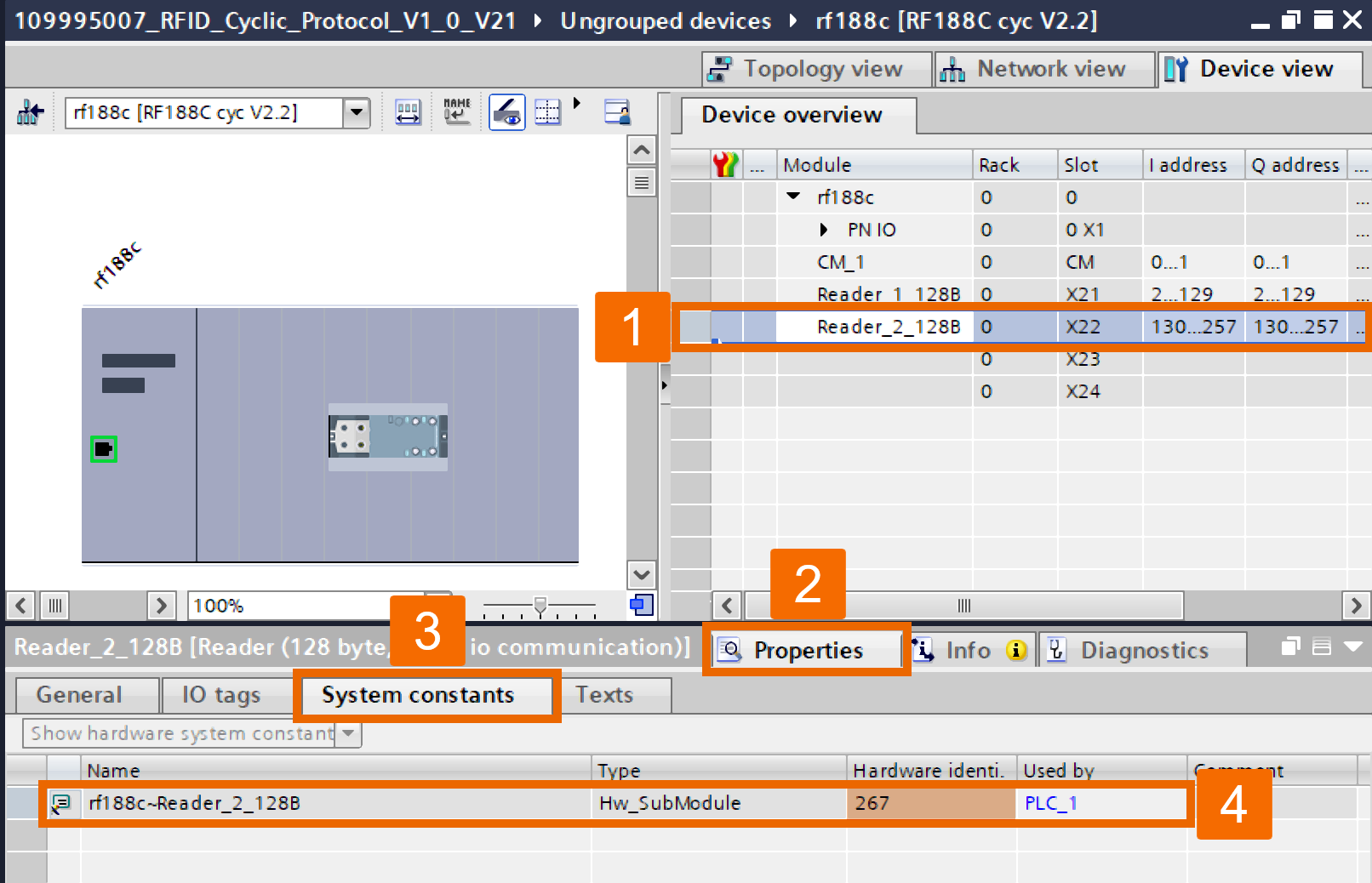 Figure 7.3: RFID Read/Write in Siemens TIA Portal - Recording the reader 2 hardware ID