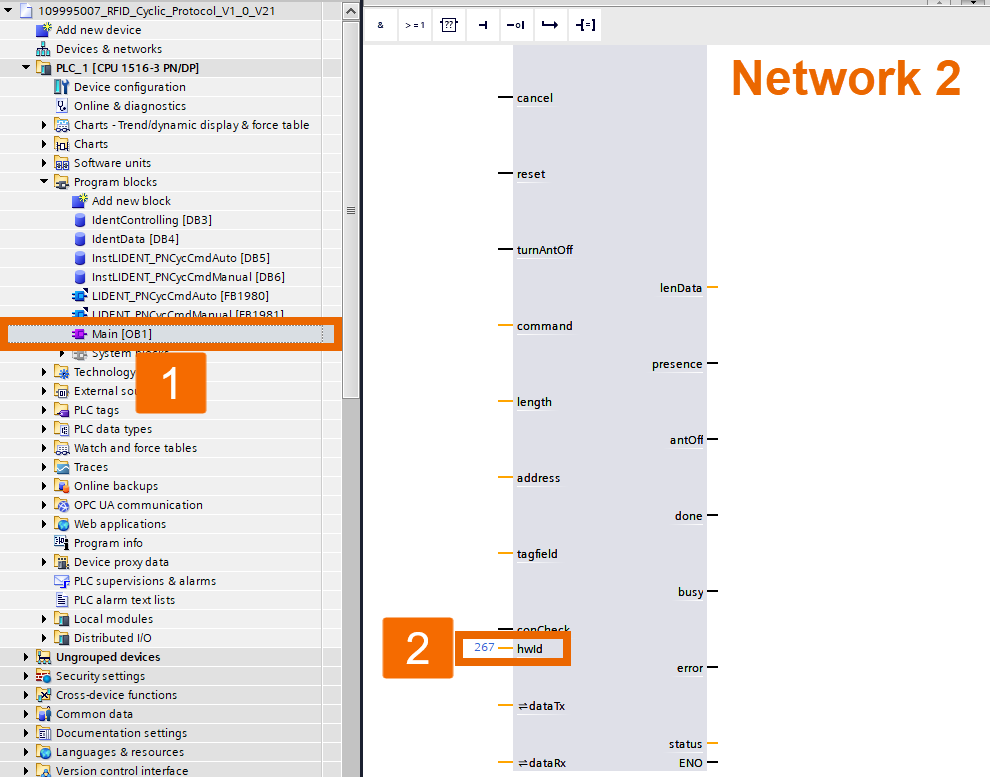Figure 7.4: RFID Read/Write in Siemens TIA Portal - Entering the hardware ID in the manual FB