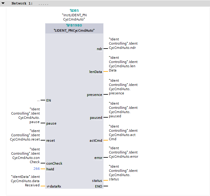 Figure 7.5: RFID Read/Write in Siemens TIA Portal - Assigning I/O variables to auto FB