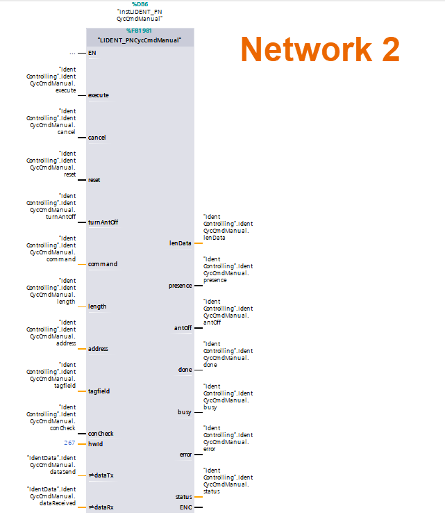 Figure 7.6: RFID Read/Write in Siemens TIA Portal - Assigning I/O variables to manual FB