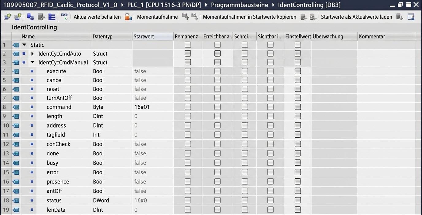 Figure 9.1: RFID Read/Write in Siemens TIA Portal - Manual FB parameter assignment for tag reading