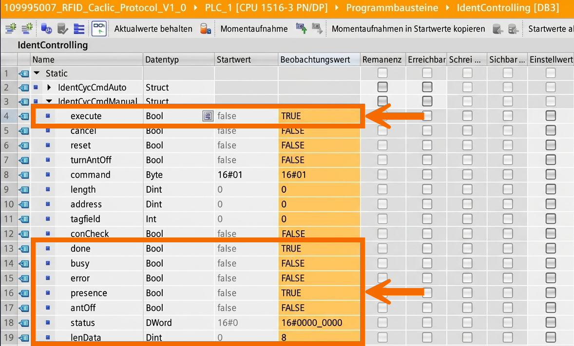 Figure 9.4: RFID Read/Write in Siemens TIA Portal - Verifying output status after tag detection