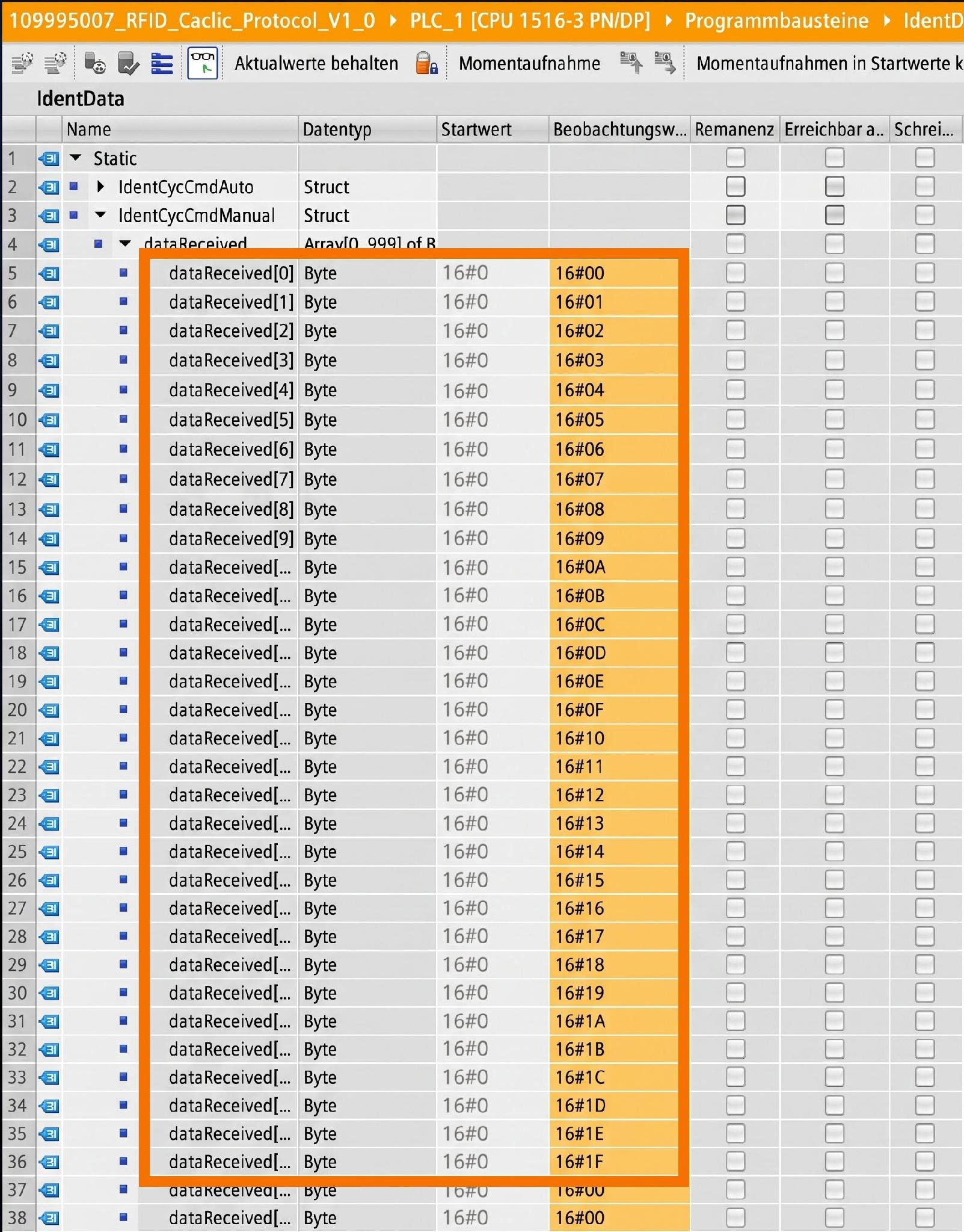 Figure 10.3: RFID Read/Write in Siemens TIA Portal - Verifying user memory values in dataTx