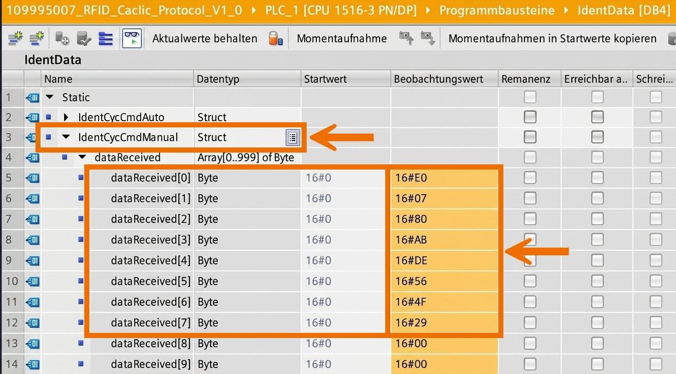 Figure 9.5: RFID Read/Write in Siemens TIA Portal - Checking the stored transponder UID via dataRx