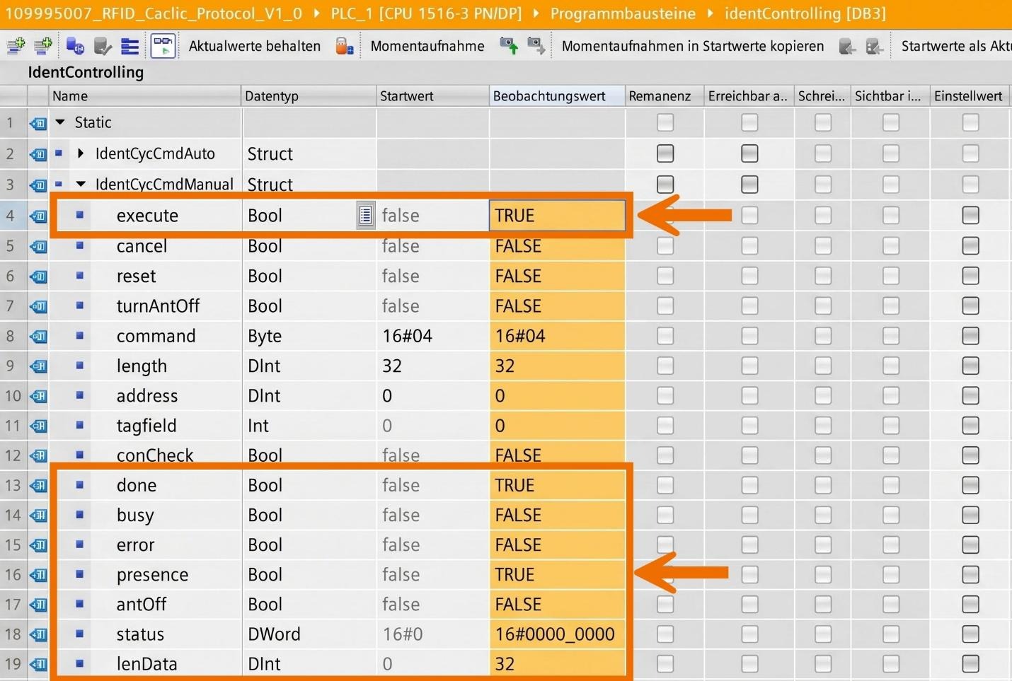 Figure 10.2: RFID Read/Write in Siemens TIA Portal - Verifying manual FB execution via I/O status