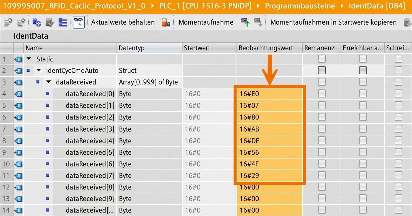 Figure 8.2: RFID Read/Write in Siemens TIA Portal - Evaluating the received UID in IdenData