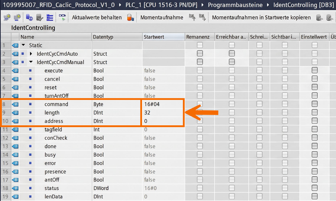 Figure 10.1: RFID Read/Write in Siemens TIA Portal - Required parameter fields for manual RFID reading
