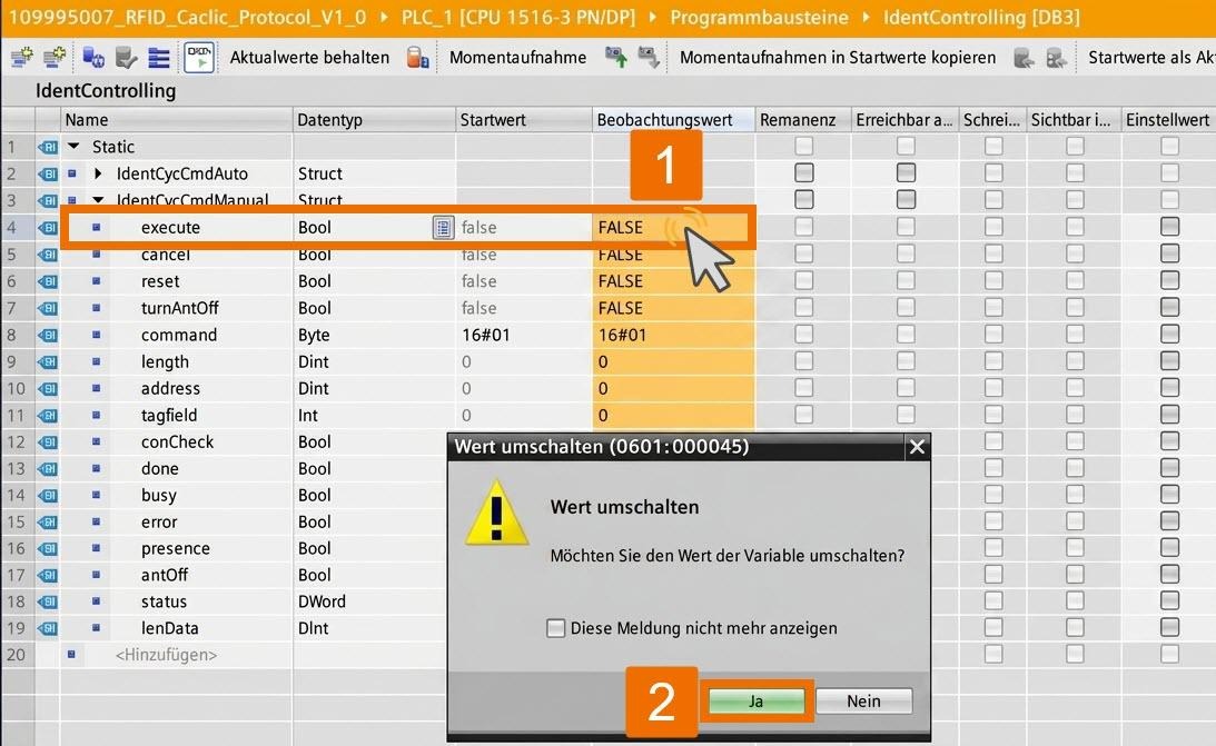 Figure 9.3: RFID Read/Write in Siemens TIA Portal - Activating the manual command trigger