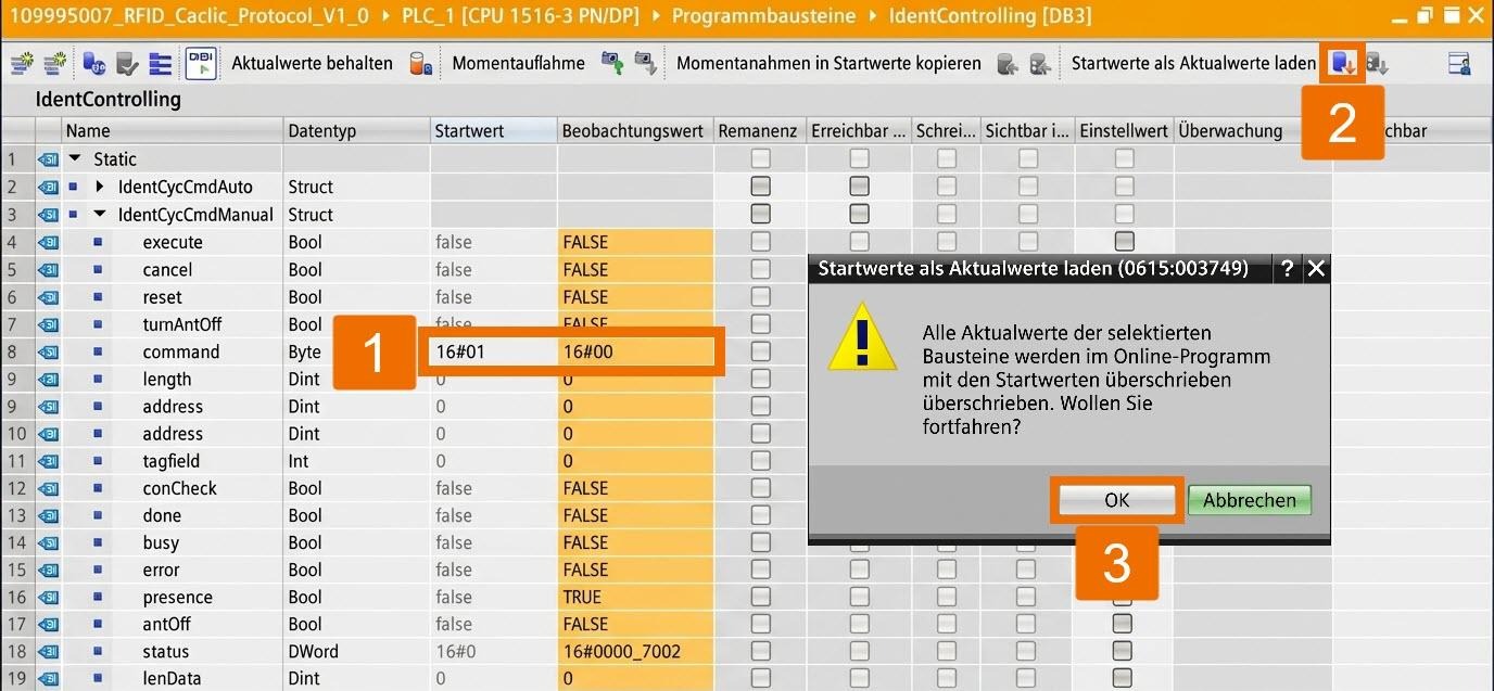 Figure 9.2: RFID Read/Write in Siemens TIA Portal - Loading starting values