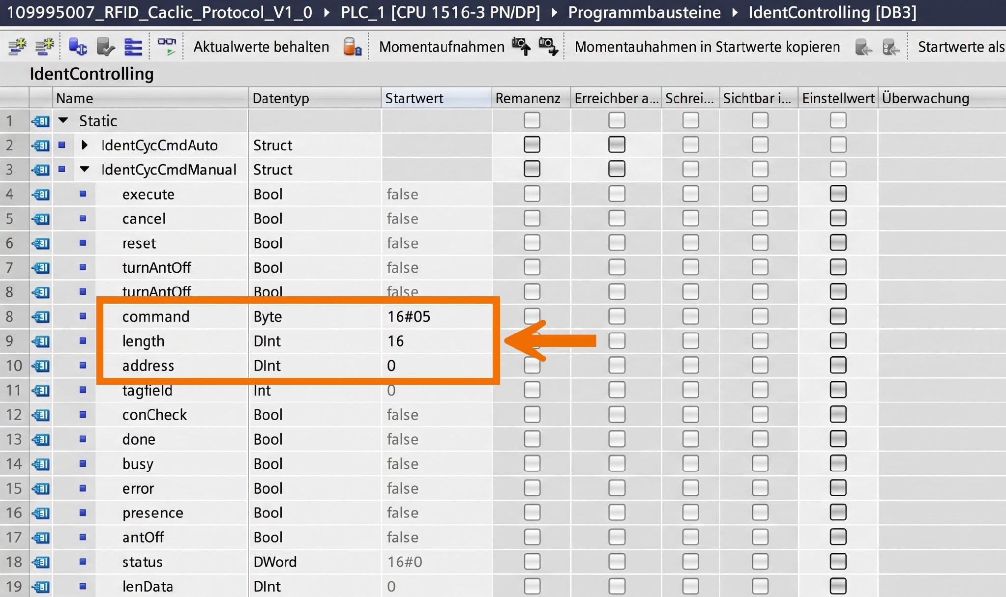 Figure 11.1: RFID Read/Write in Siemens TIA Portal - Configuring FB inputs for an RFID write command