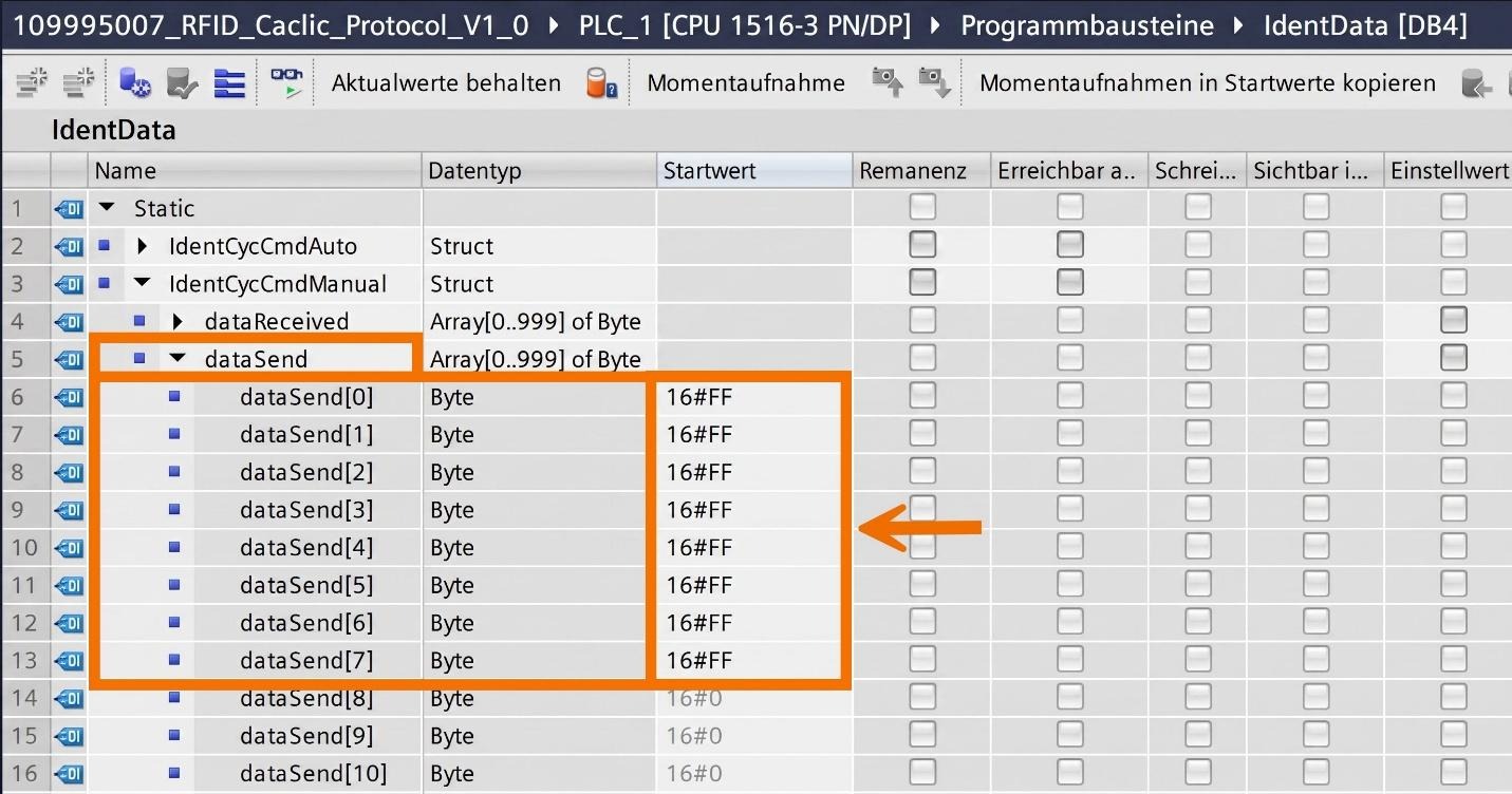 Figure 11.2: RFID Read/Write in Siemens TIA Portal - Preparing the write data payload