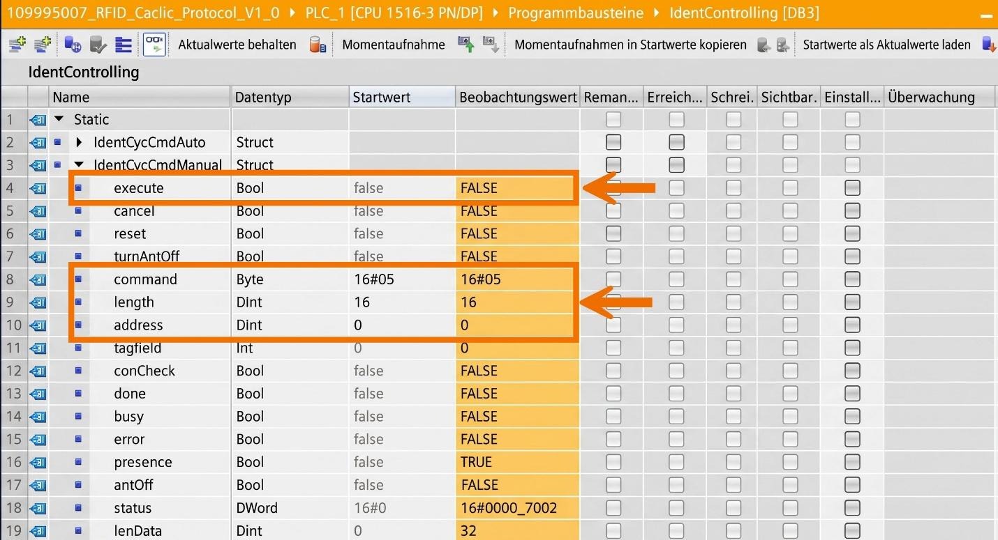 Figure 11.3: RFID Read/Write in Siemens TIA Portal - Monitoring FB current values