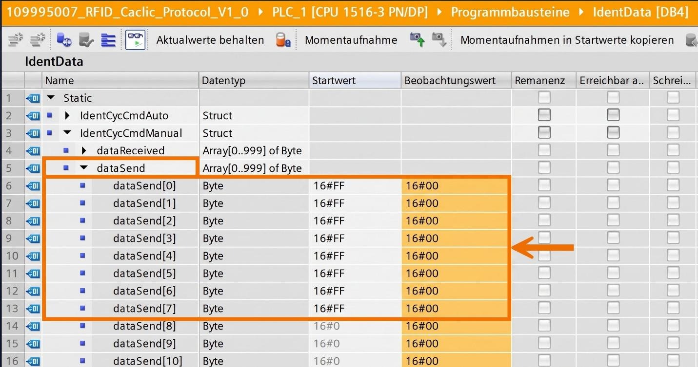 Figure 11.4: RFID Read/Write in Siemens TIA Portal - Synchronizing online and offline values