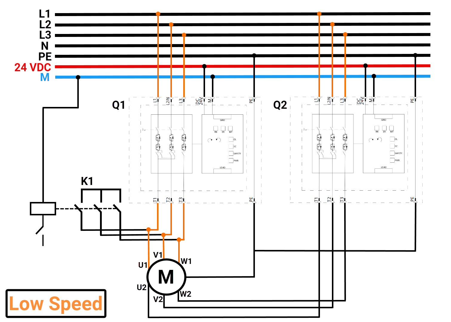 Figure 5.2: Dahlander Motor with Electronic Starter - Dahlander Low-Speed Wiring Diagram with E-Starter