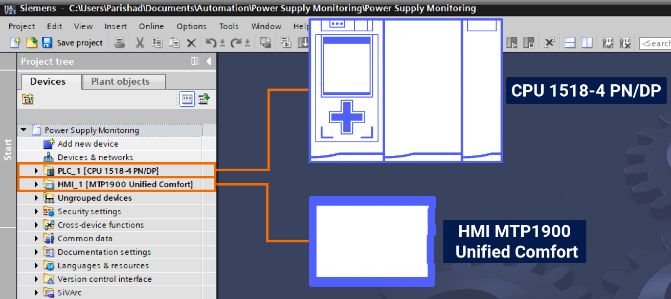 Figure 3.1: Power supply monitoring with PLC & HMI - Initial TIA Portal project & hardware configuration