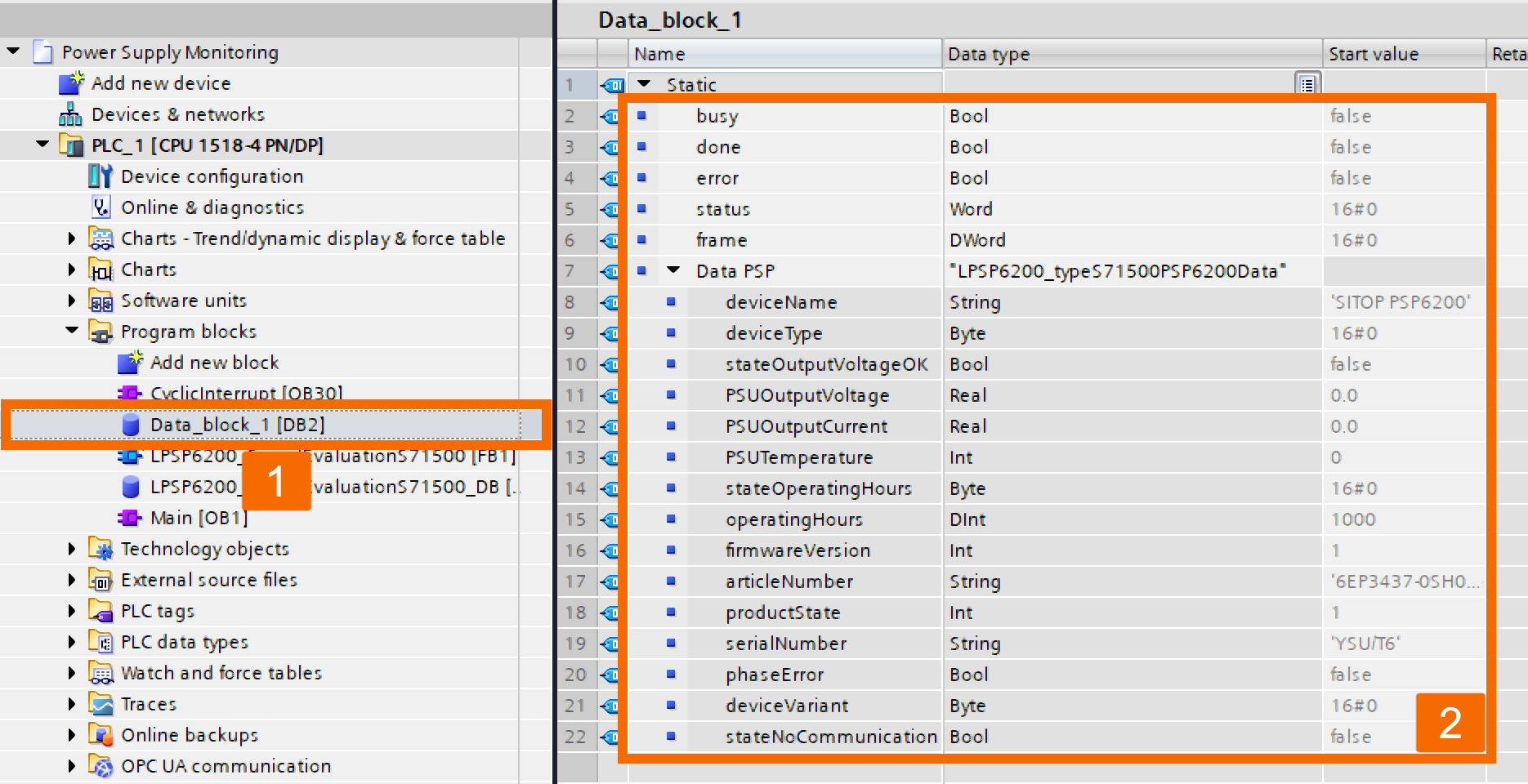 Figure 3.10: Power supply monitoring with PLC & HMI - Defining variables in a global data block