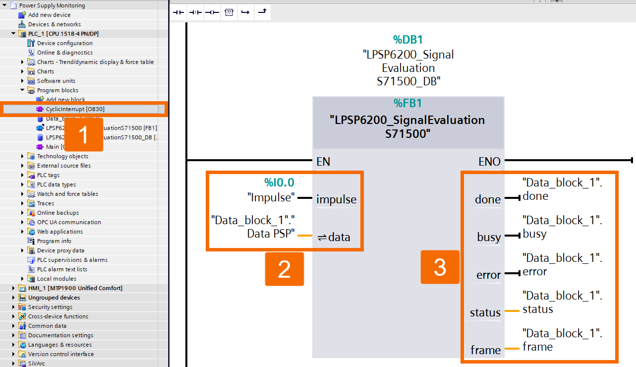 Figure 3.11: Power supply monitoring with PLC & HMI - Assigning I/O variables and global DB data to FB