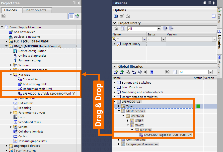 Figure 3.12: Power supply monitoring with PLC & HMI - HMI tag table integration from library