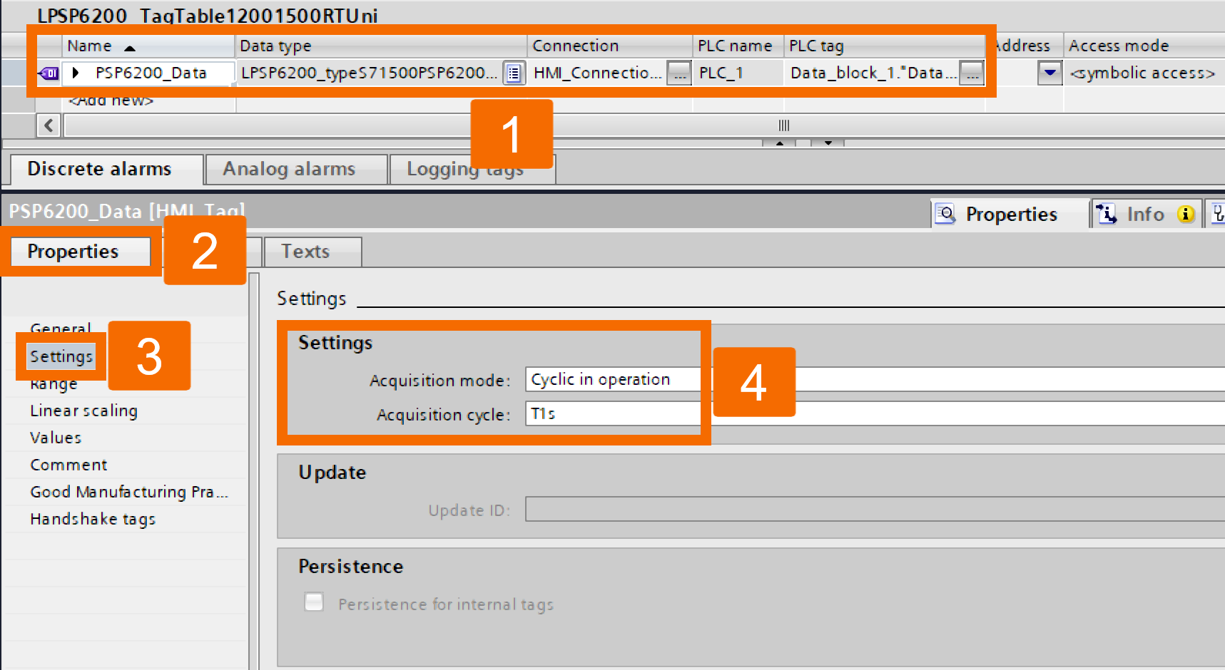 Figure 3.13: Power supply monitoring with PLC & HMI - Tag verification & acquisition cycle setup