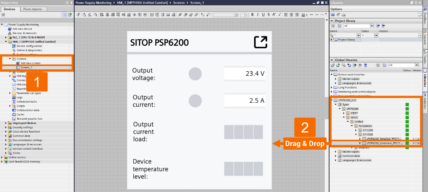 Figure 3.14: Power supply monitoring with PLC & HMI - Adding WinCC Unified faceplate to the HMI screen