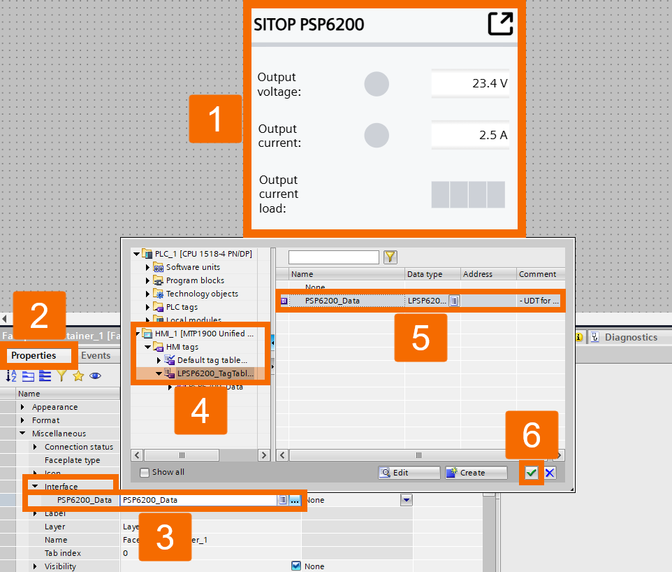 Figure 3.15: Power supply monitoring with PLC & HMI - Connecting the HMI tag to the faceplate interface