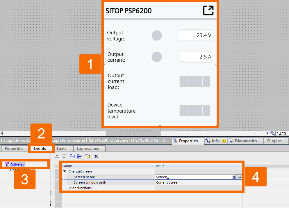 Figure 3.16: Power supply monitoring with PLC & HMI - Setting up faceplate click events & navigation